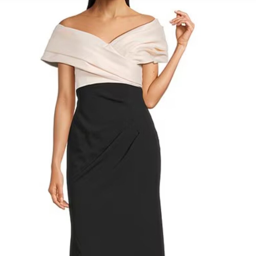 Betsy & Adam off the shoulder gown black and cream Size 14 perfect condition!